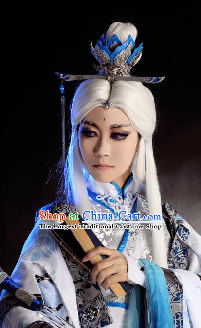 Handmade China Ancient Taoist Priest White Wigs and Lotus Hair Crown Hairpieces Cosplay Swordsman Hair Accessories Traditional Puppet Show Immortal Headdress