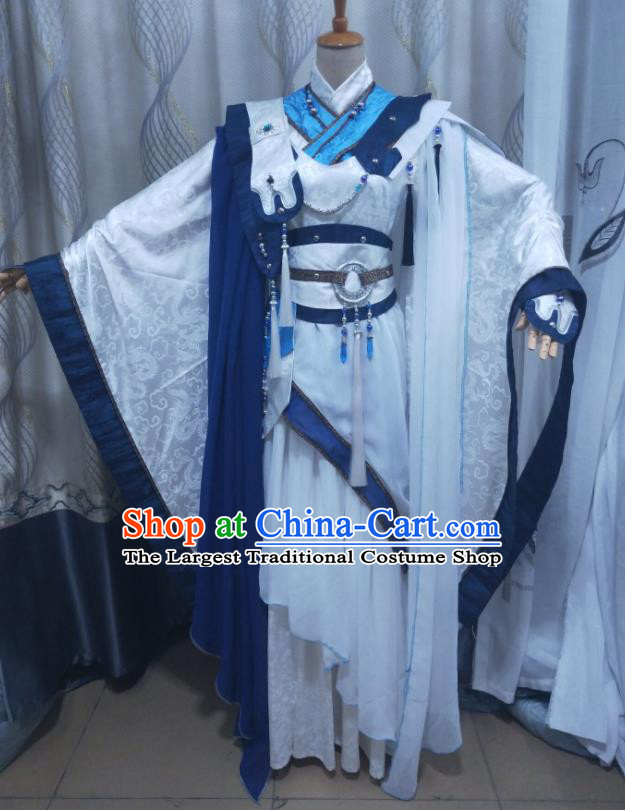 Chinese Traditional Cosplay Swordsman Clothing Puppet Show Murong Shengxue Garment Costumes Ancient Young Childe White Uniforms