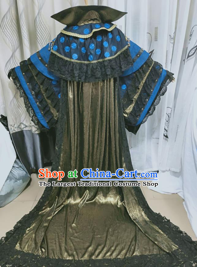 Chinese Ancient Demon King Blue Uniforms Traditional Cosplay Swordsman Clothing Puppet Show Emperor Gui Piaoling Garment Costumes