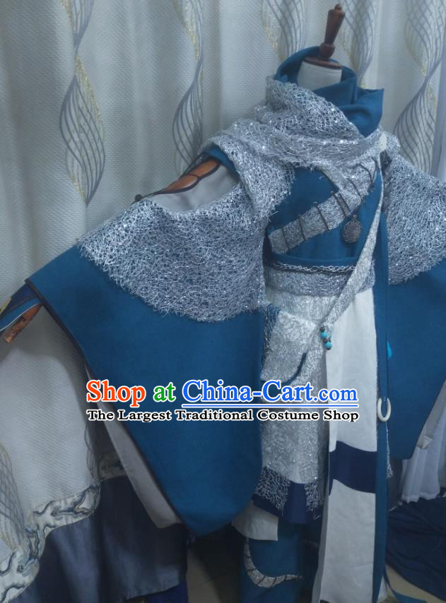 Chinese Puppet Show Monk Meng Qiusun Garment Costumes Ancient Young Male Blue Uniforms Traditional Cosplay Swordsman Clothing