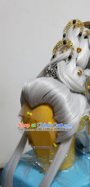 Handmade China Traditional Puppet Show Swordsman Headdress Ancient Taoist Priest Gray Wigs and Hair Crown Hairpieces Cosplay King Hair Accessories