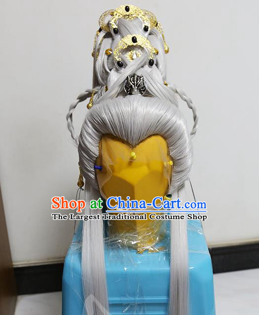 Handmade China Traditional Puppet Show Swordsman Headdress Ancient Taoist Priest Gray Wigs and Hair Crown Hairpieces Cosplay King Hair Accessories