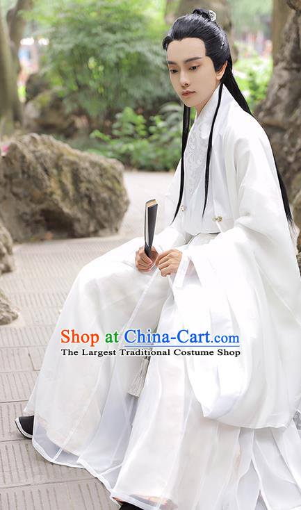 China Ming Dynasty Young Childe Garment Costumes Traditional Hanfu Historical Clothing Ancient Scholar White Dress Apparels