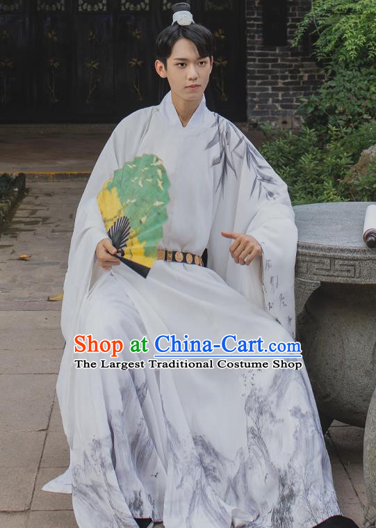 China Ming Dynasty Scholar Garment Costume Traditional Male Historical Clothing Ancient Young Childe White Hanfu Robe