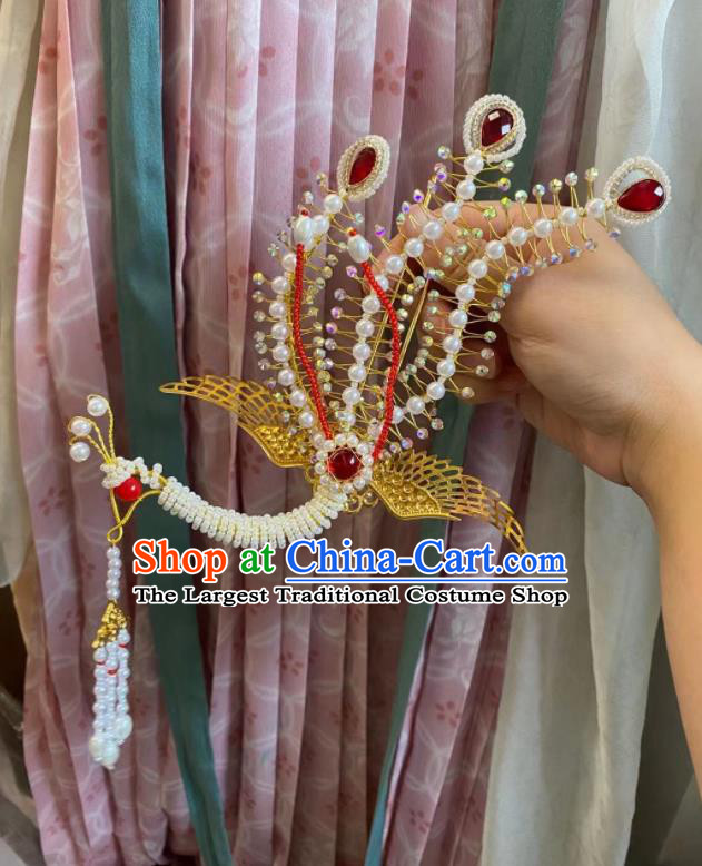 China Traditional Tang Dynasty Court Woman hair accessories Ancient Imperial Concubine Red Pheonix Crown Set