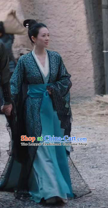 China Southern and Northern Dynasties Clothing Ancient Court Woman Blue Dress Garment The Rebel Princess Zhang Ziyi Wang Xuan Replica Costumes and Headpieces