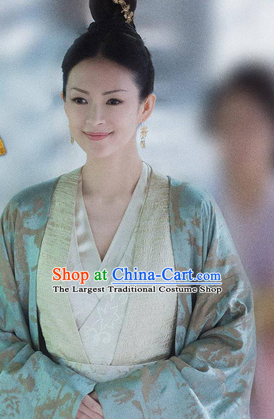 China Traditional Court Woman Clothing Ancient Royal Rani Light Green Hanfu Dress Drama The Rebel Princess Zhang Ziyi Replica Costumes and Headdress