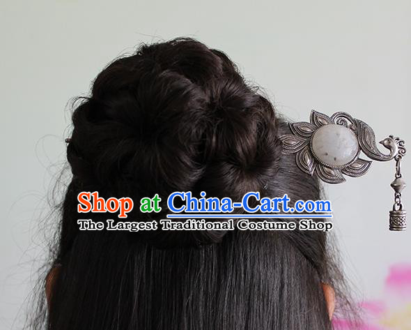 China Handmade Ethnic Hair accessories Silver Peacock Hairpin Ancient Princess Jade Hair Stick