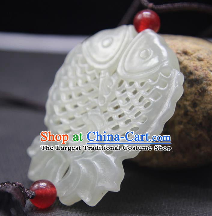 China National Hetian Jade Sachet Classical Cheongsam Jewelry Accessories Handmade Carving Double Fishes Pendant