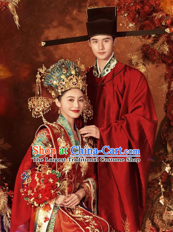 China Traditional Song Dynasty Wedding Garment Costumes Ancient Empress and Emperor Clothing and Headdress