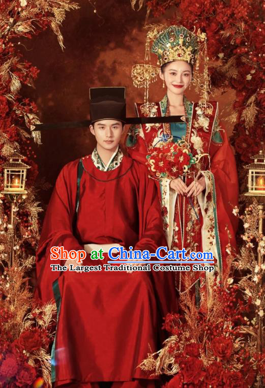 China Traditional Song Dynasty Wedding Garment Costumes Ancient Empress and Emperor Clothing and Headdress