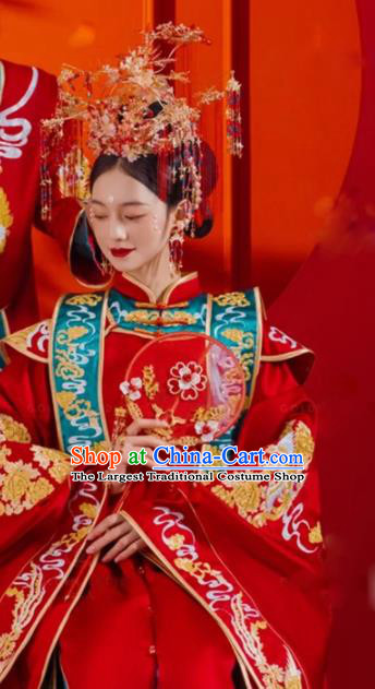 China Traditional Song Dynasty Bride Garment Costumes Ancient Empress Xia Pei Wedding Clothing and Phoenix Coronet