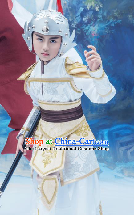 Chinese Ancient General Garment Costumes Children Clothing Three Kingdoms Period Armor and Hat Complete Set