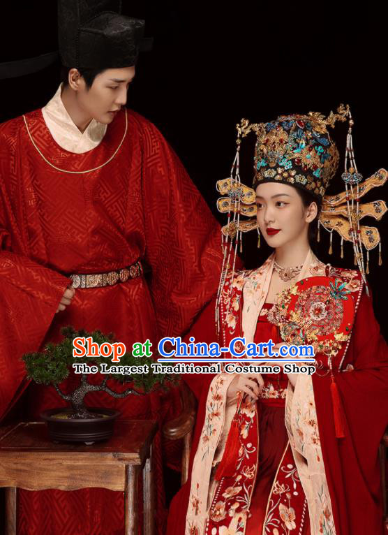 Chinese Traditional Wedding Clothing Song Dynasty Hanfu Dress Suits Ancient Bride and Groom Garment Costumes and Headdress