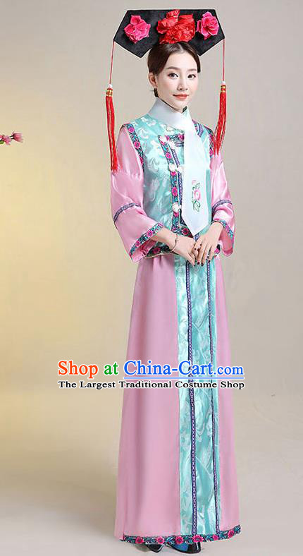 Chinese Qing Dynasty Manchu Princess Pink Dress Costumes Ancient Palace Lady Garment Clothing