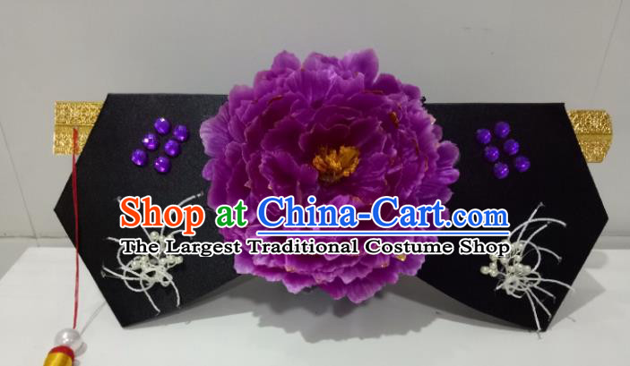China Ancient Court Maid Hair Accessories Traditional Qing Dynasty Purple Peony Giant Wing Headdress TV Series Princess of Pearl Headpiece