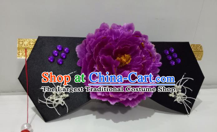 China Ancient Court Maid Hair Accessories Traditional Qing Dynasty Purple Peony Giant Wing Headdress TV Series Princess of Pearl Headpiece