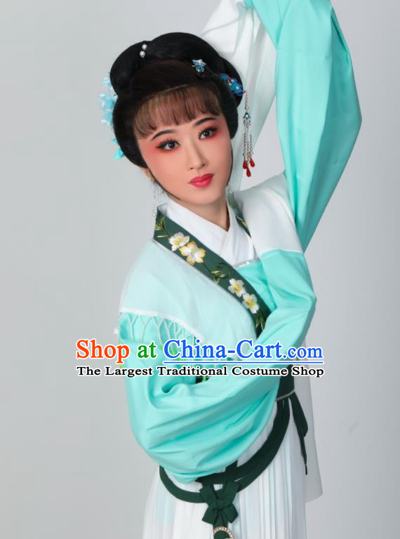 Chinese Peking Opera Hua Tan Costumes Traditional Huangmei Opera He Wenxiu Green Dress Garments Ancient Young Woman Clothing