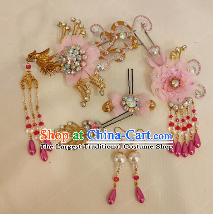 Chinese Traditional Opera Diva Pink Hair Accessories Shaoxing Opera Noble Lady Phoenix Hairpins Beijing Opera Hua Tan Headdress