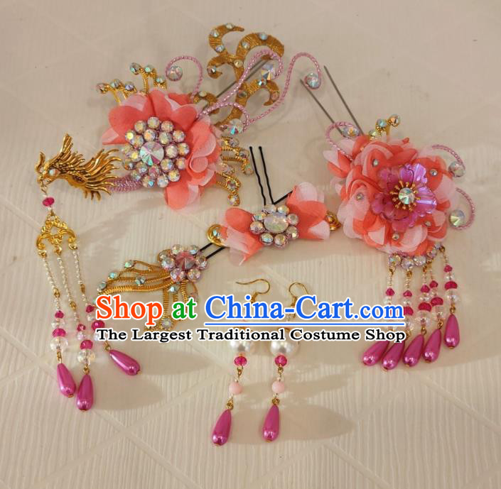Chinese Beijing Opera Hua Tan Headdress Traditional Opera Diva Peach Pink Hair Accessories Shaoxing Opera Noble Lady Phoenix Hairpins