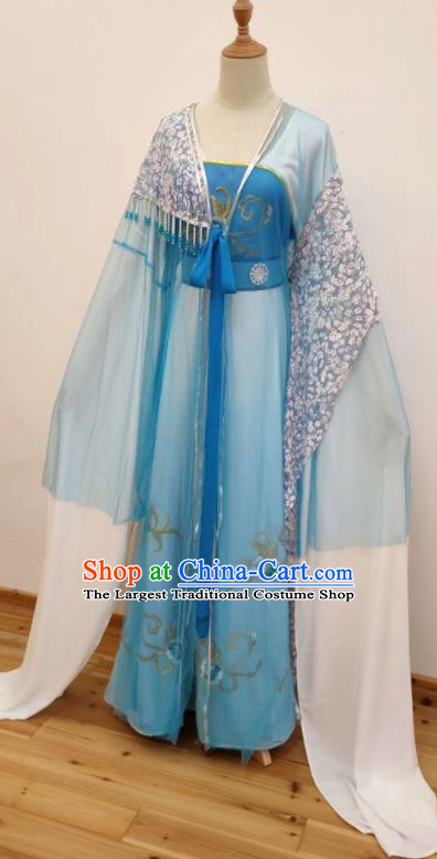 China Ancient Fairy Clothing Shaoxing Opera Actress Blue Dress Peking Opera Hua Tan Costume