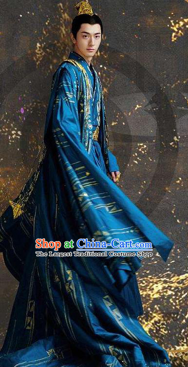 China Ancient Emperor Garment Costumes Romance Drama The Blessed Girl Yuan Yi Clothing Traditional King Blue Imperial Robe and Headdress