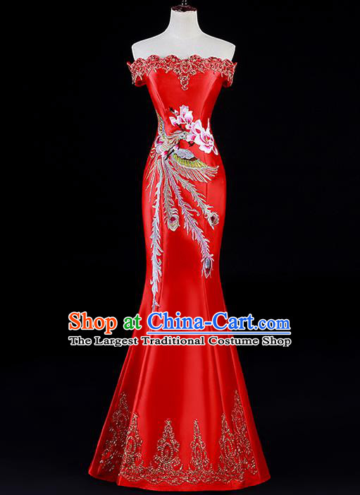 China New Year Off Shoulder Mermaid Dress Professional Embroidery Phoenix Red Full Dress Dinner Party Formal Garment