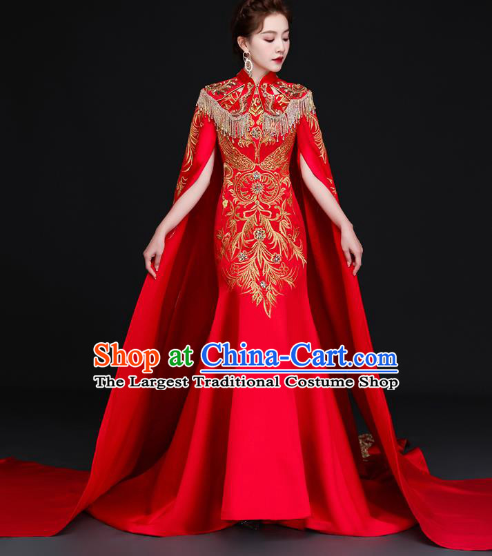 Chinese Bride Modern Cheongsam Trailing Qipao Dress Wedding Red Full Dress Traditional Bride Embroidered Qipao