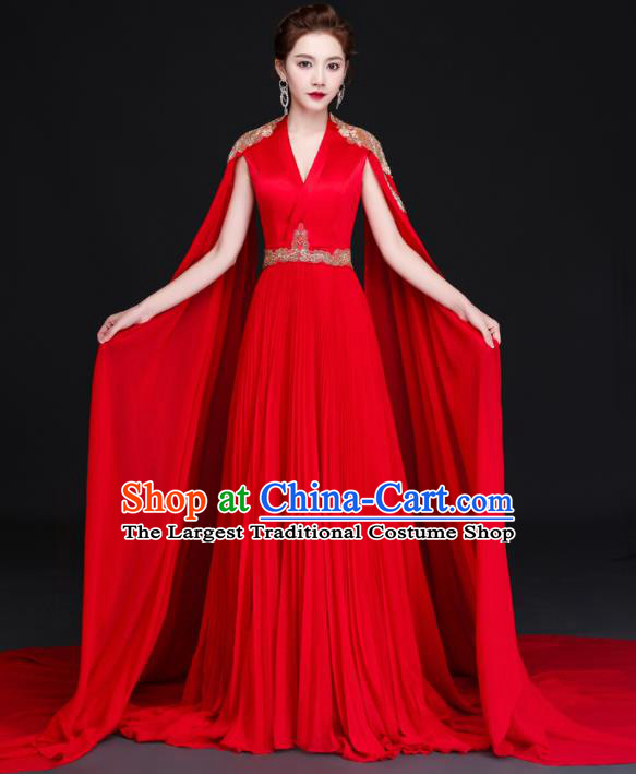 China New Year Compere Red Dress Professional Embroidery Full Dress Dinner Party Formal Garment