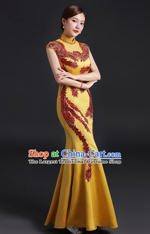 Chinese Compere Full Dress Embroidered Yellow Qipao Clothing Modern Cheongsam Traditional New Year Dress