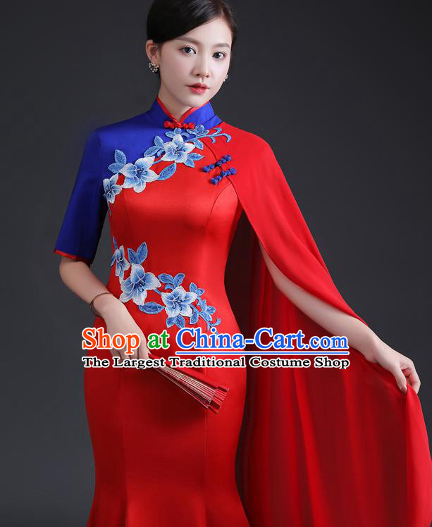 Chinese Traditional Red Dress Compere Full Dress Embroidered Qipao Clothing Modern Cheongsam