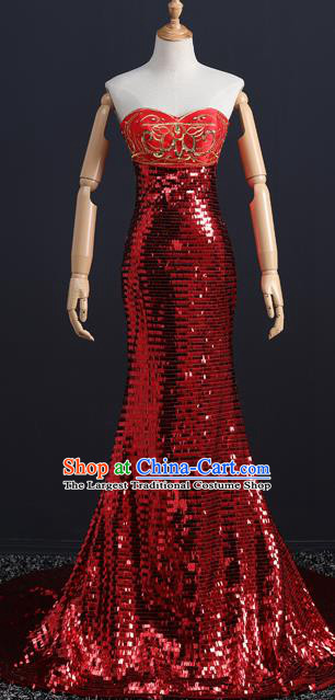 China Compere Red Fishtail Dress Professional Catwalks Embroidery Beads Full Dress New Year Formal Costume