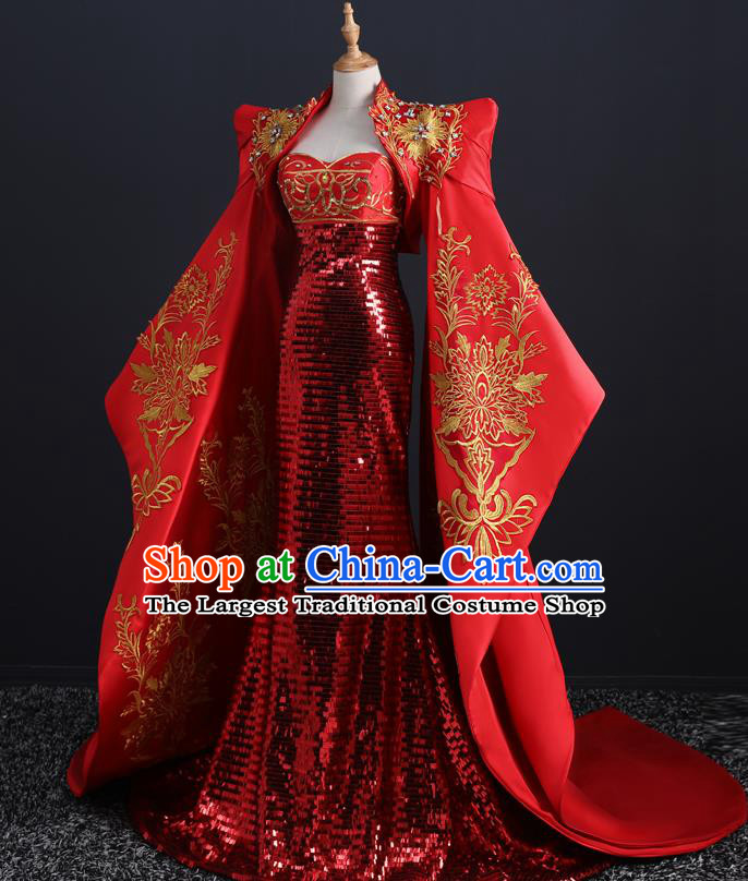 China Compere Red Fishtail Dress Professional Catwalks Embroidery Beads Full Dress New Year Formal Costume