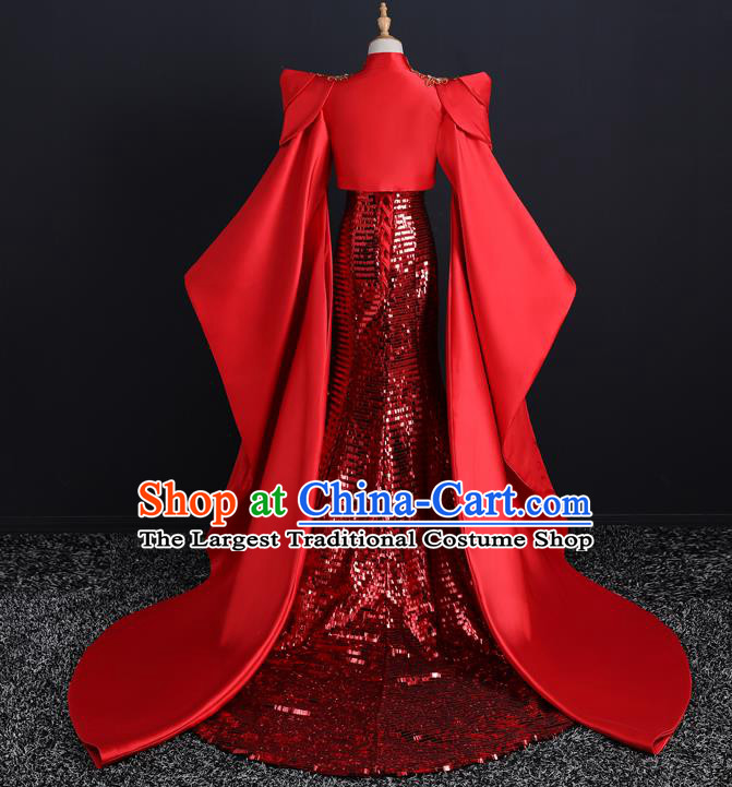 China Compere Red Fishtail Dress Professional Catwalks Embroidery Beads Full Dress New Year Formal Costume