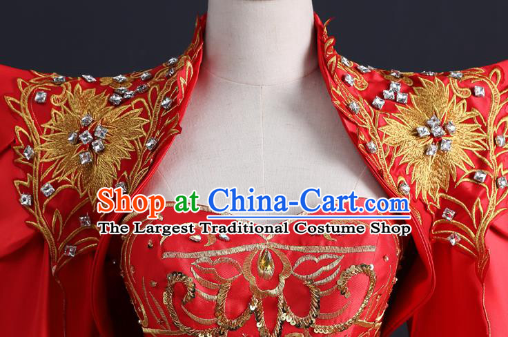 China Compere Red Fishtail Dress Professional Catwalks Embroidery Beads Full Dress New Year Formal Costume