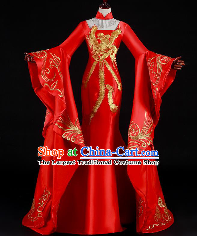 China New Year Formal Costume Compere Red Water Sleeve Dress Professional Catwalks Embroidery Phoenix Full Dress