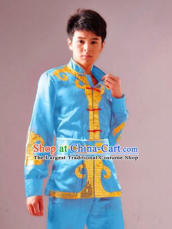 Traditional Chinese Drum Dancing Costume Dragon Dance Clothing Folk Dance Yangko Blue Uniform for Women for Men