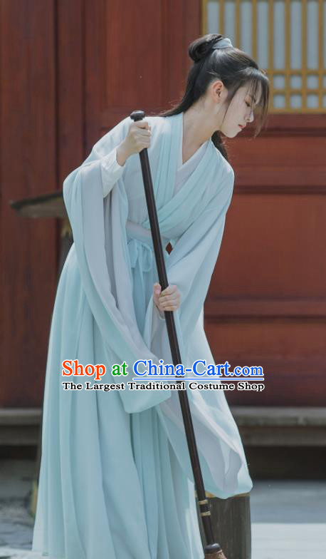 Chinese Wuxia Young Woman Clothing TV Series Sword Snow Stride Jiang Ni Replica Garments Ancient Princess Blue Dress Costumes