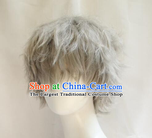 Top Short Wig Men Headwear Cosplay Swordsman Grey Wig Handmade