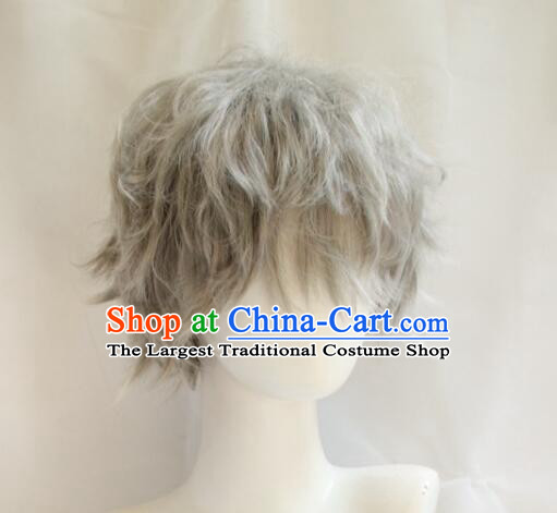 Top Short Wig Men Headwear Cosplay Swordsman Grey Wig Handmade