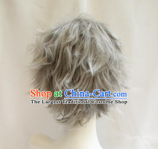 Top Short Wig Men Headwear Cosplay Swordsman Grey Wig Handmade