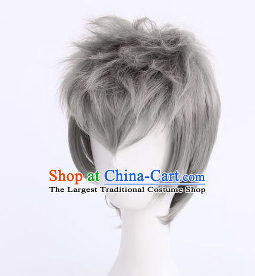 Top Men Head Gear Cosplay Grey Wig Handmade Short Wig
