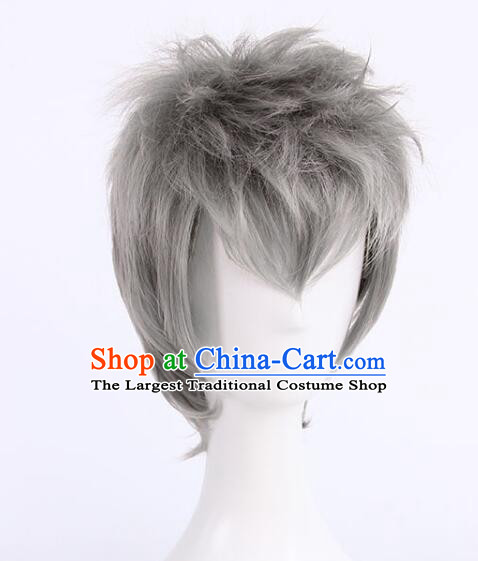 Top Men Head Gear Cosplay Grey Wig Handmade Short Wig