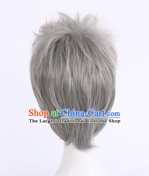 Top Men Head Gear Cosplay Grey Wig Handmade Short Wig