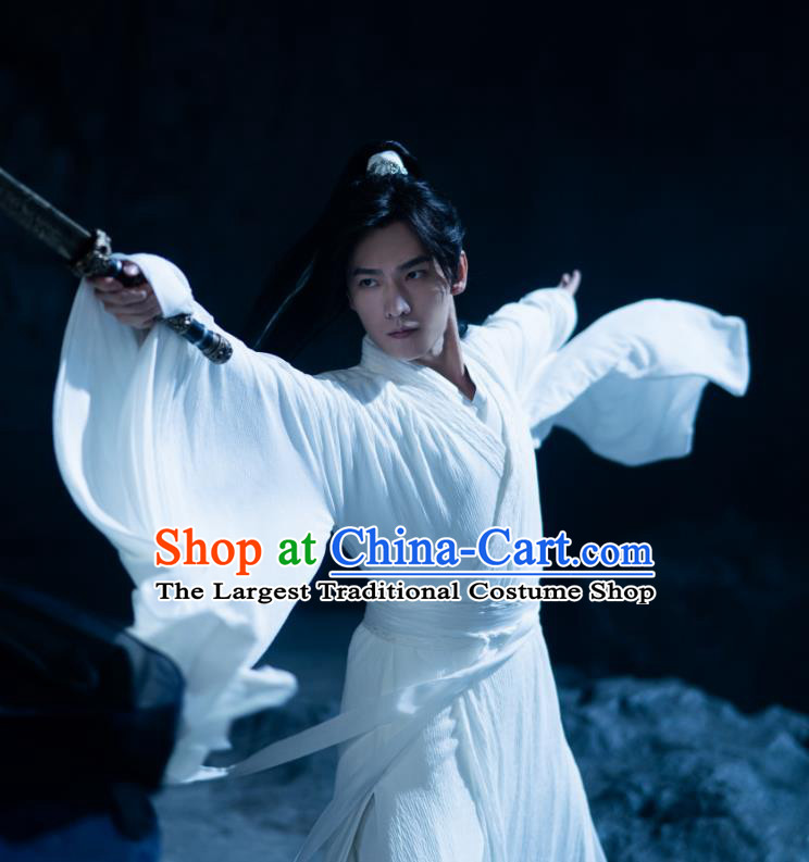 Chinese Ancient Young Hero White Garments Qie Shi Tian Xia Feng Lan Xi Replica Costume Wuxia TV Series Swordsman Clothing