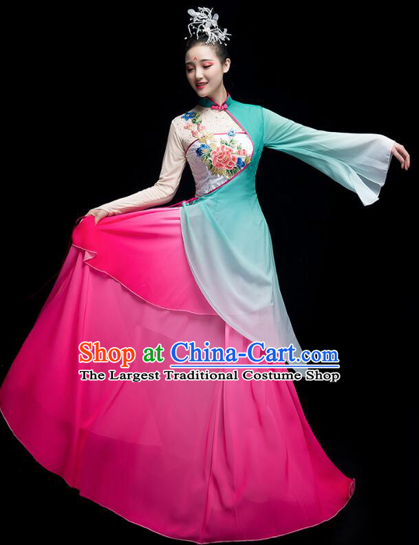 Chinese Fan Dance Garment Costumes Umbrella Dance Gradient Magenta Green Dress Classical Dance Clothing