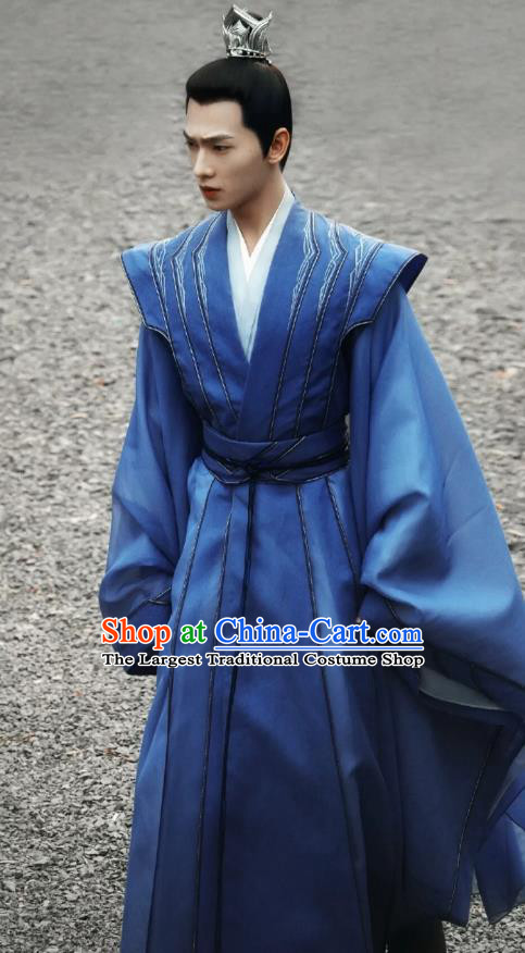 Chinese Ancient Royal Prince Clothing Wuxia TV Series Qie Shi Tian Xia Feng Lan Xi Blue Dresses Noble Childe Garment Costumes