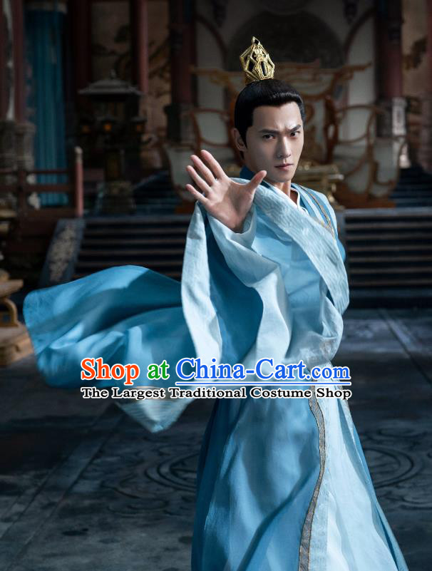 Chinese Ancient Prince Blue Clothing Wuxia TV Series Qie Shi Tian Xia Feng Lan Xi Replica Costumes and Headpieces