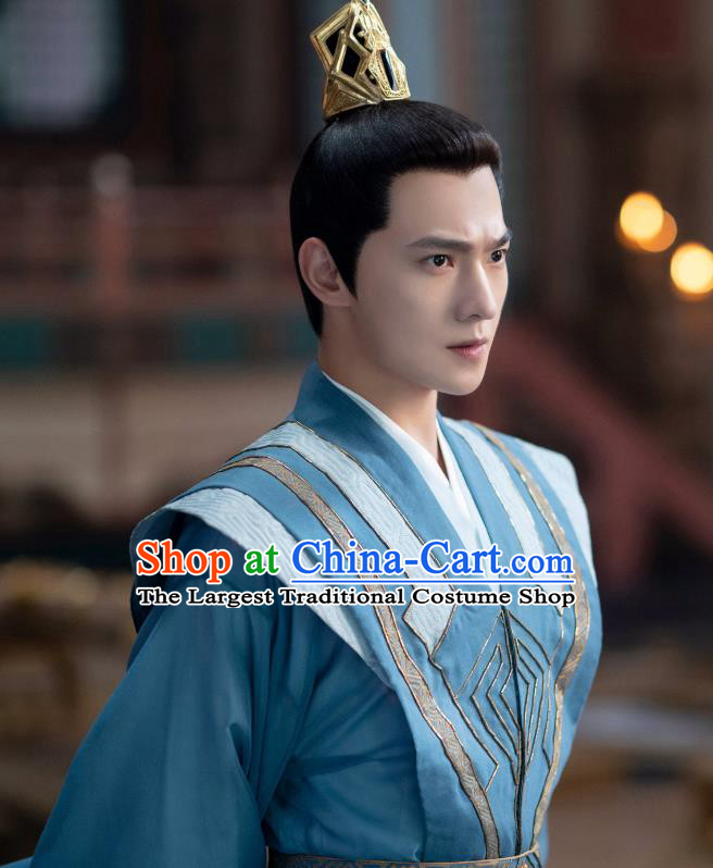 Chinese Ancient Prince Blue Clothing Wuxia TV Series Qie Shi Tian Xia Feng Lan Xi Replica Costumes and Headpieces