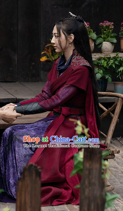 Chinese Ancient Swordswoman Dark Red Clothing Xian Xia TV Series Demon Master Dress Apparel The Blue Whisper Ji Yun He Garment Costumes